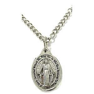 Miraculous Medal Necklace – Virgin Mary Pendant – 20” Silver-Tone Chain